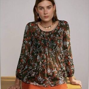 Maje Paris Green Floral Lo Fleur Crepe Georgette Top Sheer Smocked Blouse Large